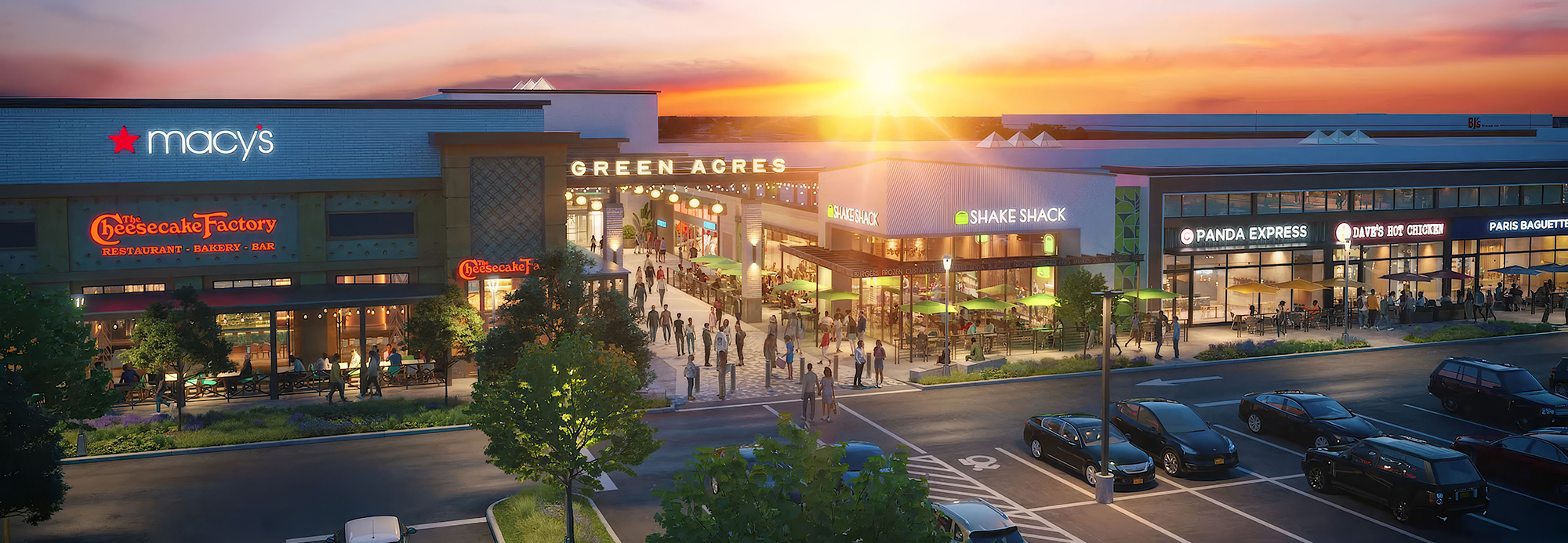 An aerial rendering of the redeveloped Green Acres at sunset